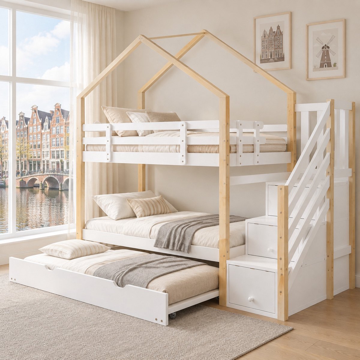 WUVRIE Stapelbed 90x200 cm met uitschuifbed 90x190 cm, trap met lades en lattenbodems, wit/naturel
