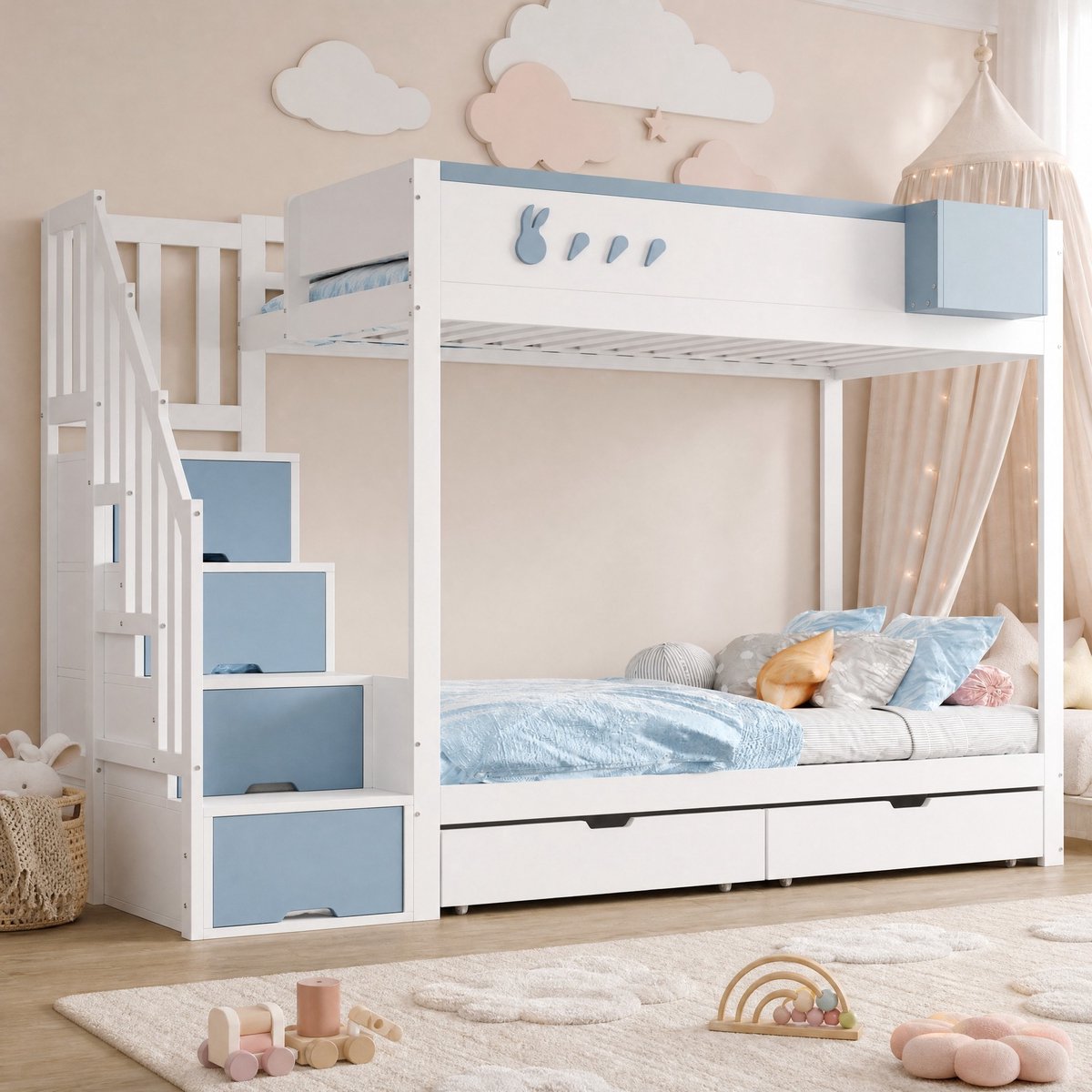 WUVRIE Stapelbed 90x200 cm met opbergladder, 2 lades en afneembaar rek, wit/blauw Wit en blauw