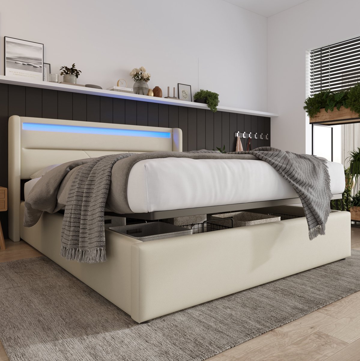 WUVRIE Hydraulisch opbergbed 160x200 cm met LED-verlichting, lattenbodem en kunstleren bekleding, wit
