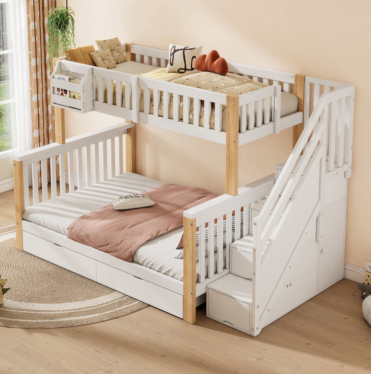 WUVRIE Kinderstapelbed 90x200 en 140x200 cm met trapkast, lades en opbergruimte, wit/naturel