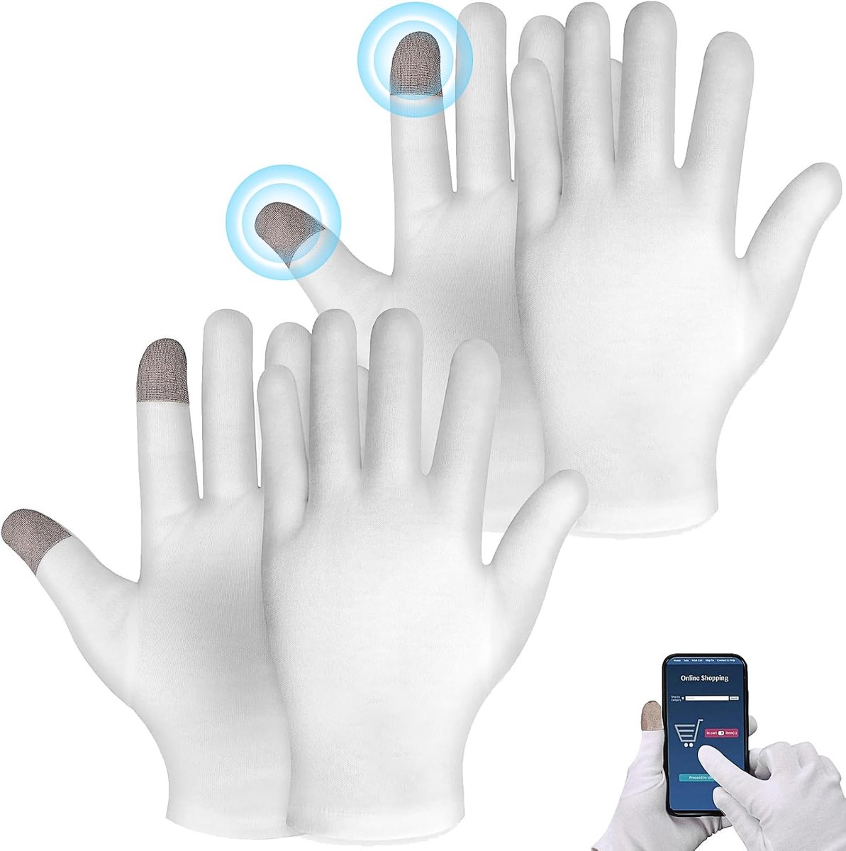 Handschoenen met touchscreen, 2 paar wit katoen, vochtinbrengende nachthandschoenen voor handcrème, hydraterend