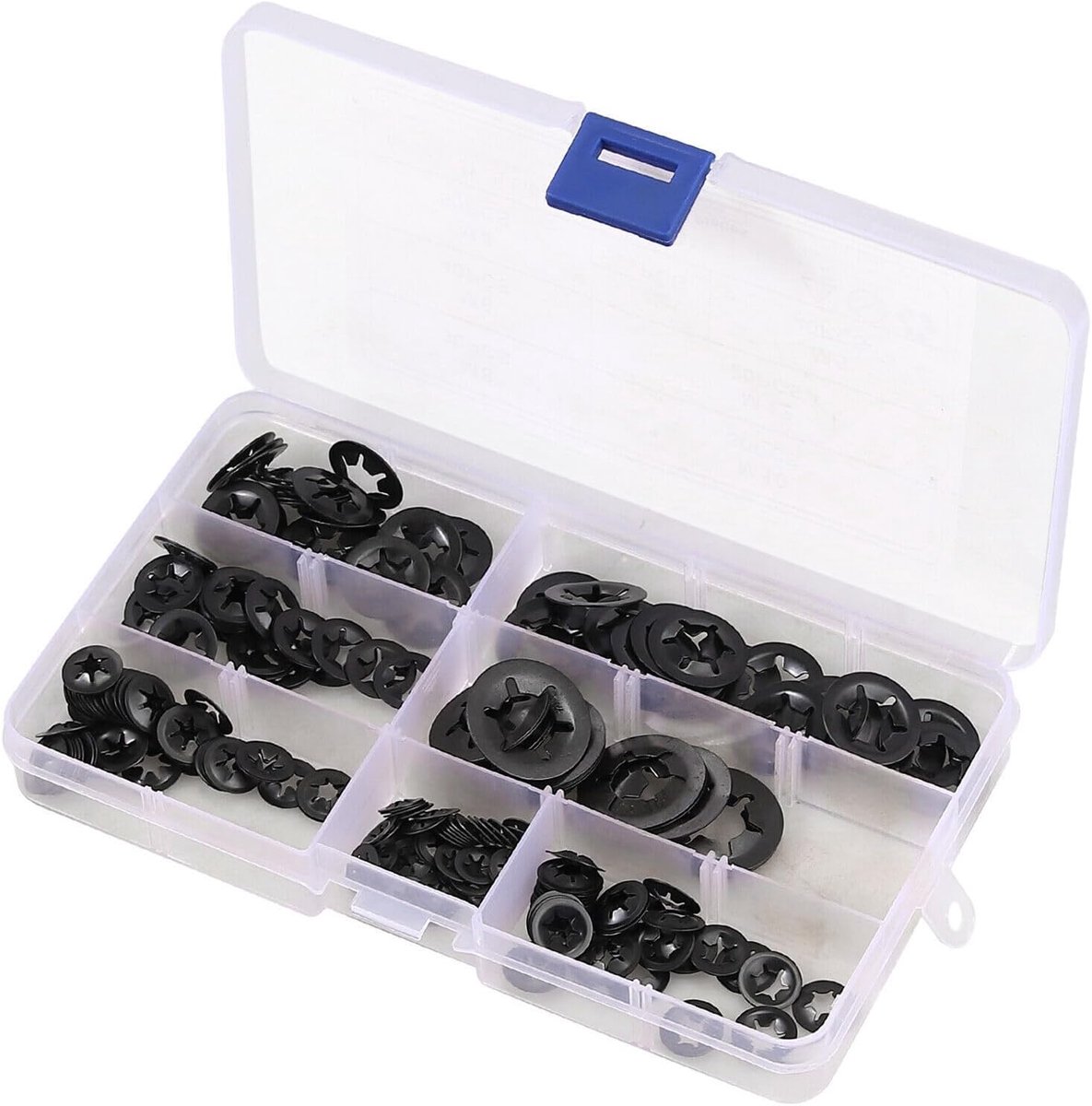 Borgringen, sluitringen, binnentand, klemringen, snelsluiting, assortiment set met doos M3/M4/M5/M6/M8/M10/M12 (zwart/mangaanstaal)