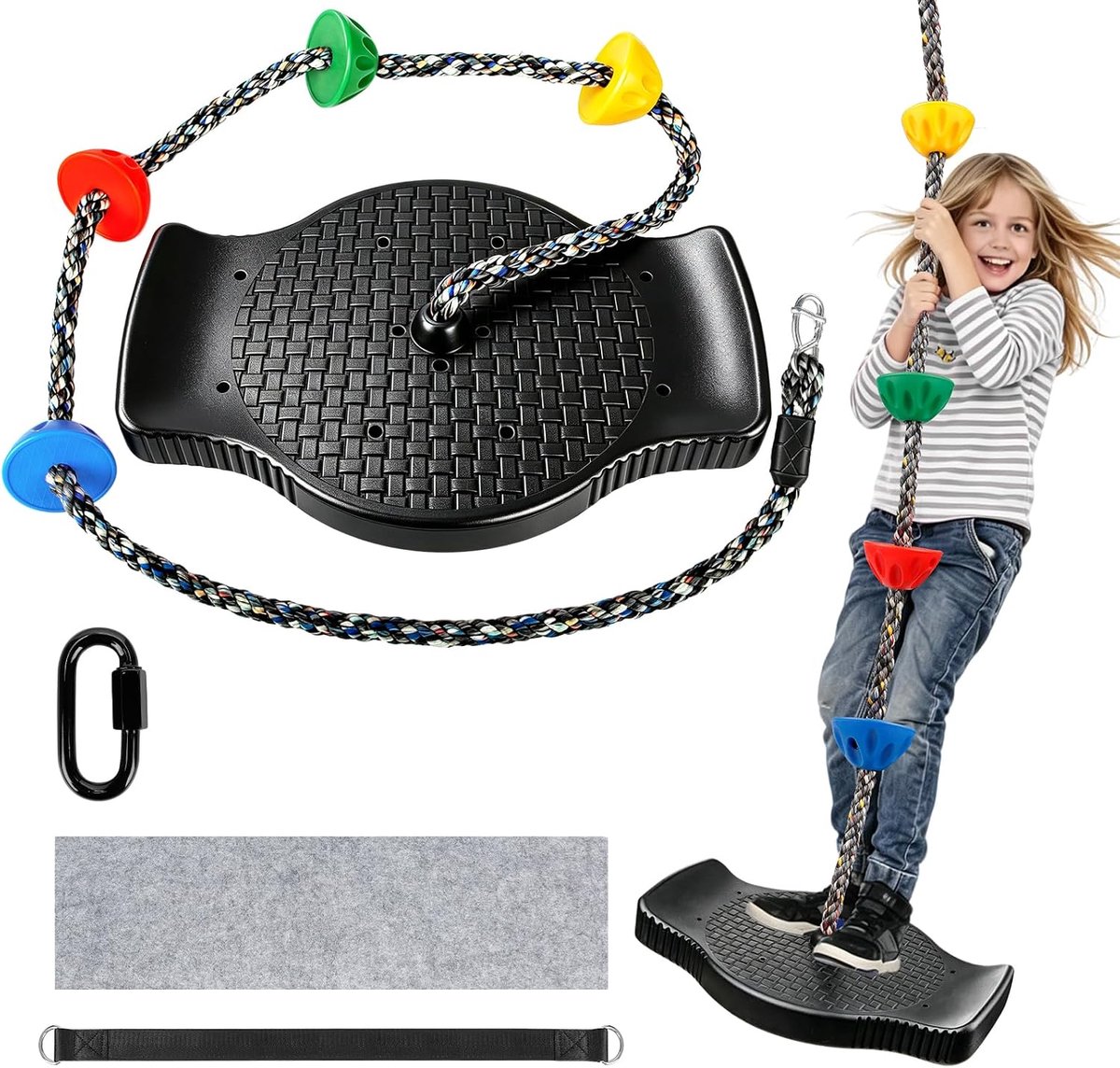 Klimtouw, outdoor, antislip schommelzitset met 1,9 m lang verstelbaar touw, staan en zitten, 75 kg, robuuste kinderschommel voor tuin, speelplaatsen, kinderen en volwassenen, zwart