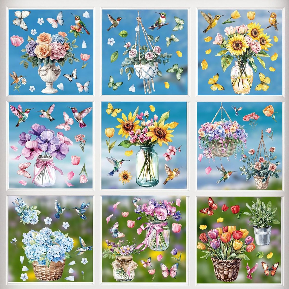 Raamstickers, 109 stickers met bloemen, vlinders en vogels voor glasdecoraties voor lentefeesten