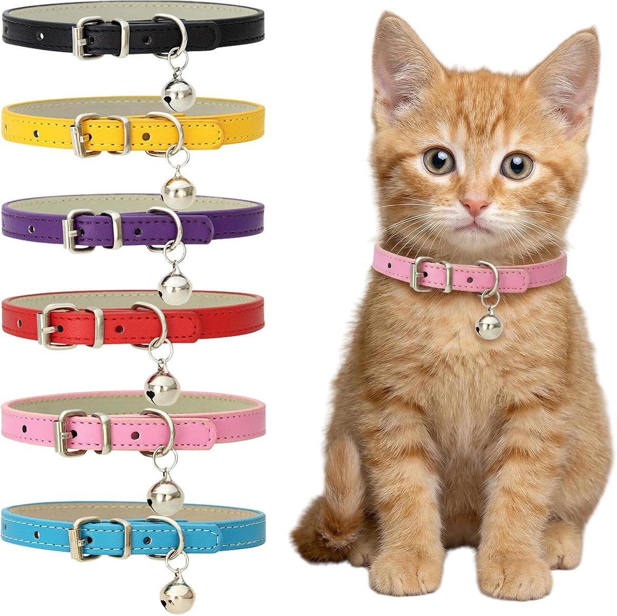 Halsbanden met belletjes, halsband voor katten, verstelbare kattenhalsband van 20-28 cm voor kleine dieren, leren halsbanden voor katten met bel