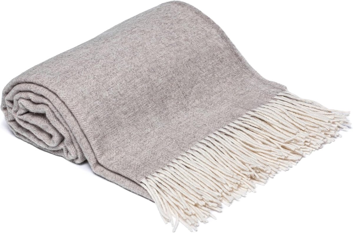 Deken scheerwol met franjes, 100% merinowol, 140 x 200 cm, beige/wit, zacht, warm, ongeverfd en natuurlijke plaid met visgraatpatroon, bankdeken