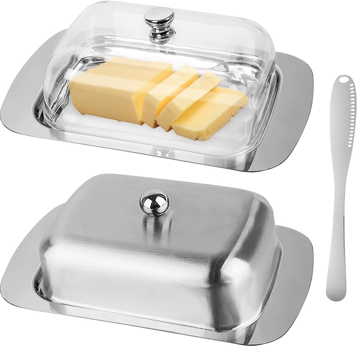 Botervloot van roestvrij staal, botervloot met deksel, transparant, botervloosjes met botermes, boterbel, dessertschaal, kaasbroodbox, botervloot, botervloot, 2 stuks