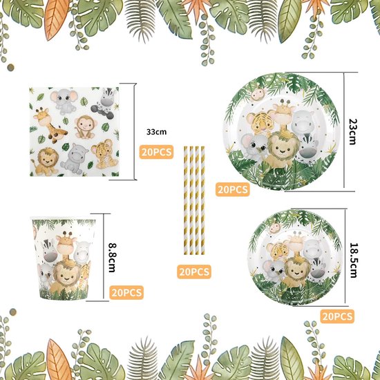 Safari Partyserviesset, wegwerpserviesset voor jongens, 100 stuks papieren borden, bekers, servetten, rietjes voor Wild One, kinderverjaardag, decoratie, babyshower — afbeelding 2