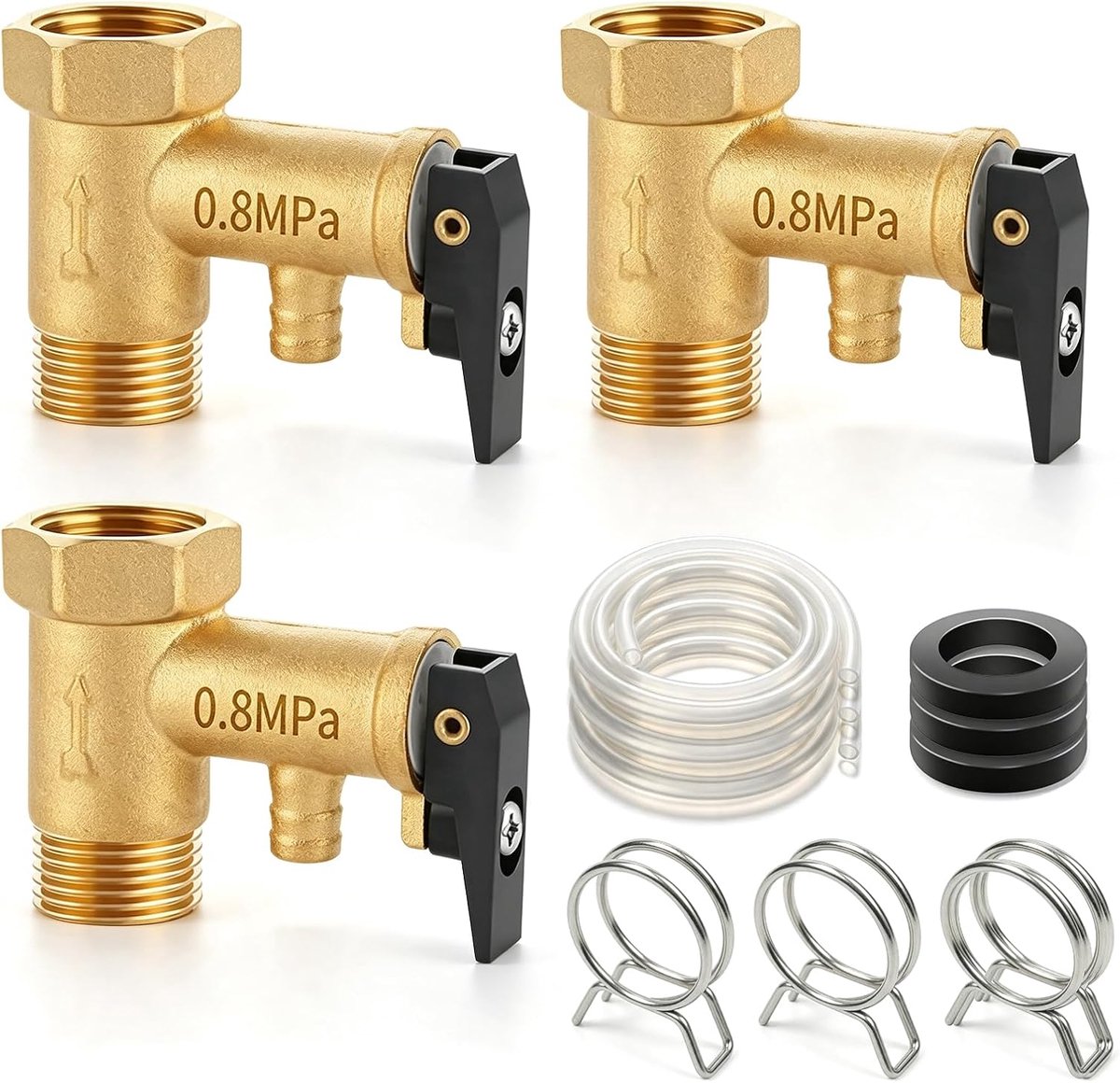 3 stuks veiligheidsventielen 1/2 inch, 0,8 Mpa messing veiligheidsventiel, boiler drukontlastingsventiel, terugslagventiel 1/2 inch met 1 m slang voor boiler