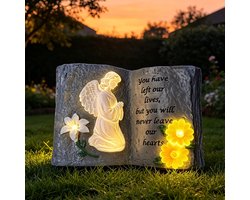 Lifemet Boekengelbeeld op zonne-energie, tuindecoratie voor buiten, waterdichte herdenkingsdecoratie, mededoodscadeau voor grafvormgeving voor gazon en tuin