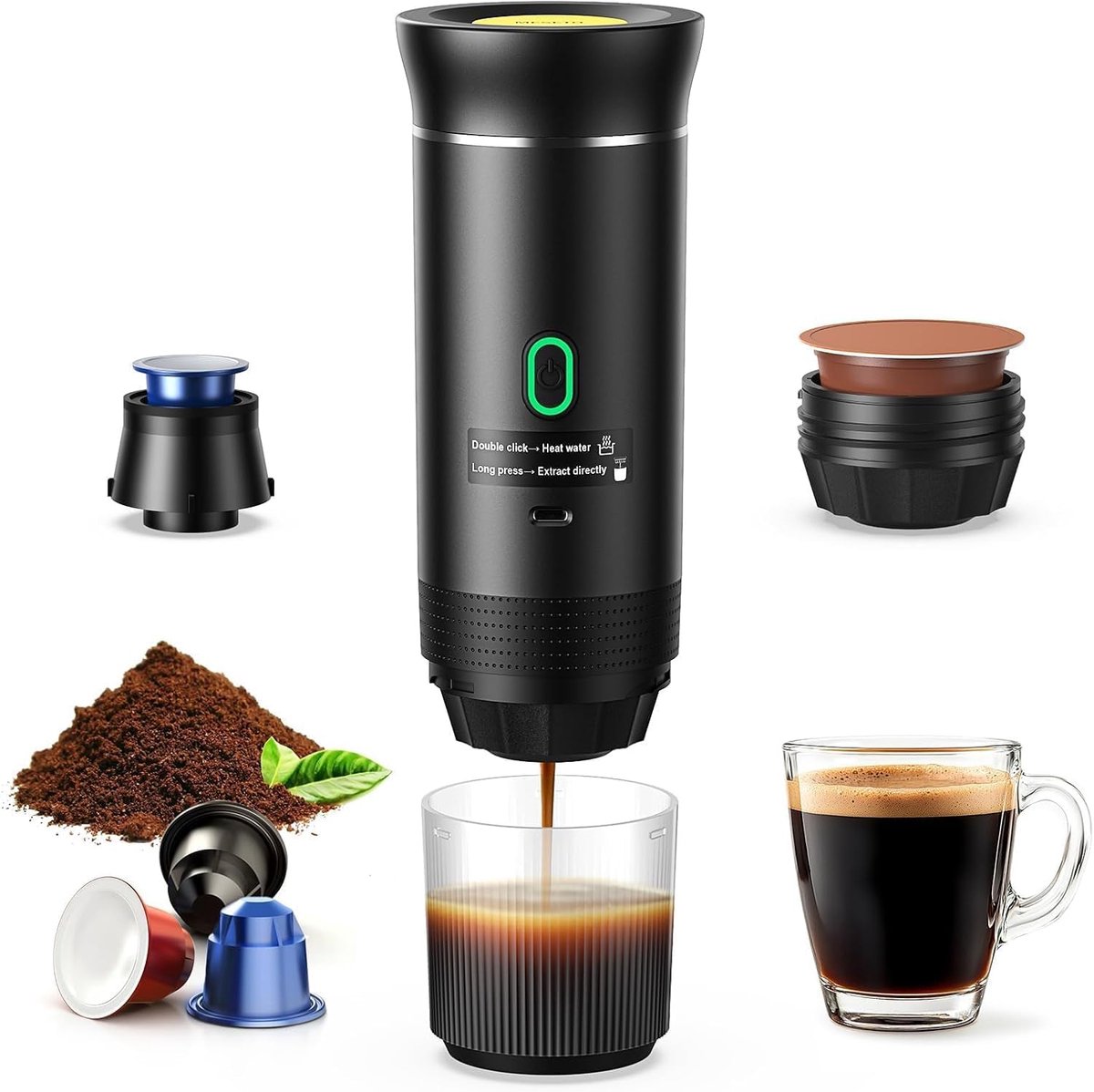 3-in-1 12 V accu-koffiezetapparaat, draagbaar koffiezetapparaat, auto-espressomachine met USB, compatibel met capsules en gemalen koffie, 5 minuten snel opwarmen, voor camping en campergadgets