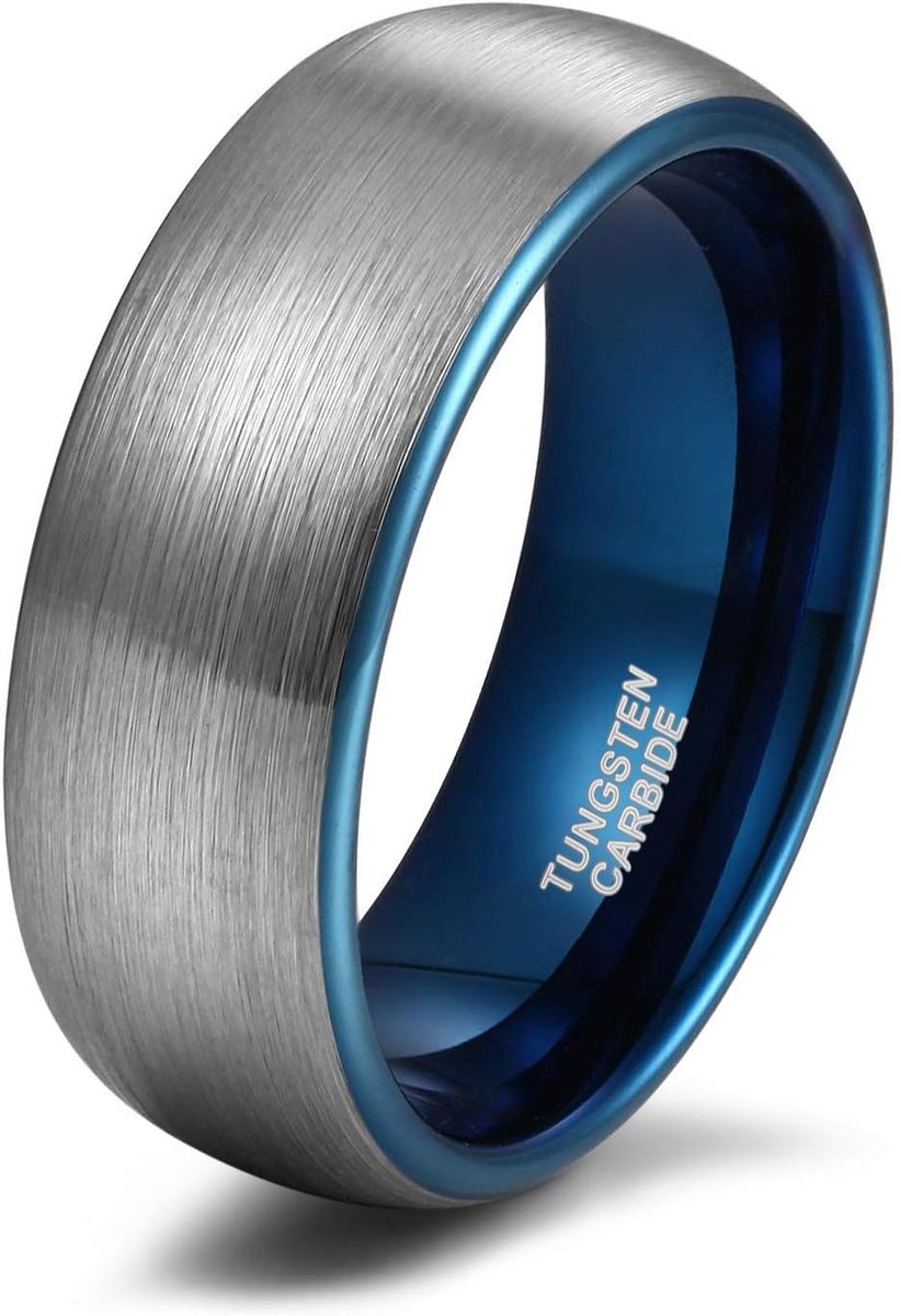 Trouwring, voor dames en heren, wolfraam, 6 mm, 8 mm, met penseel, zilverkleurig, met zwart en blauw