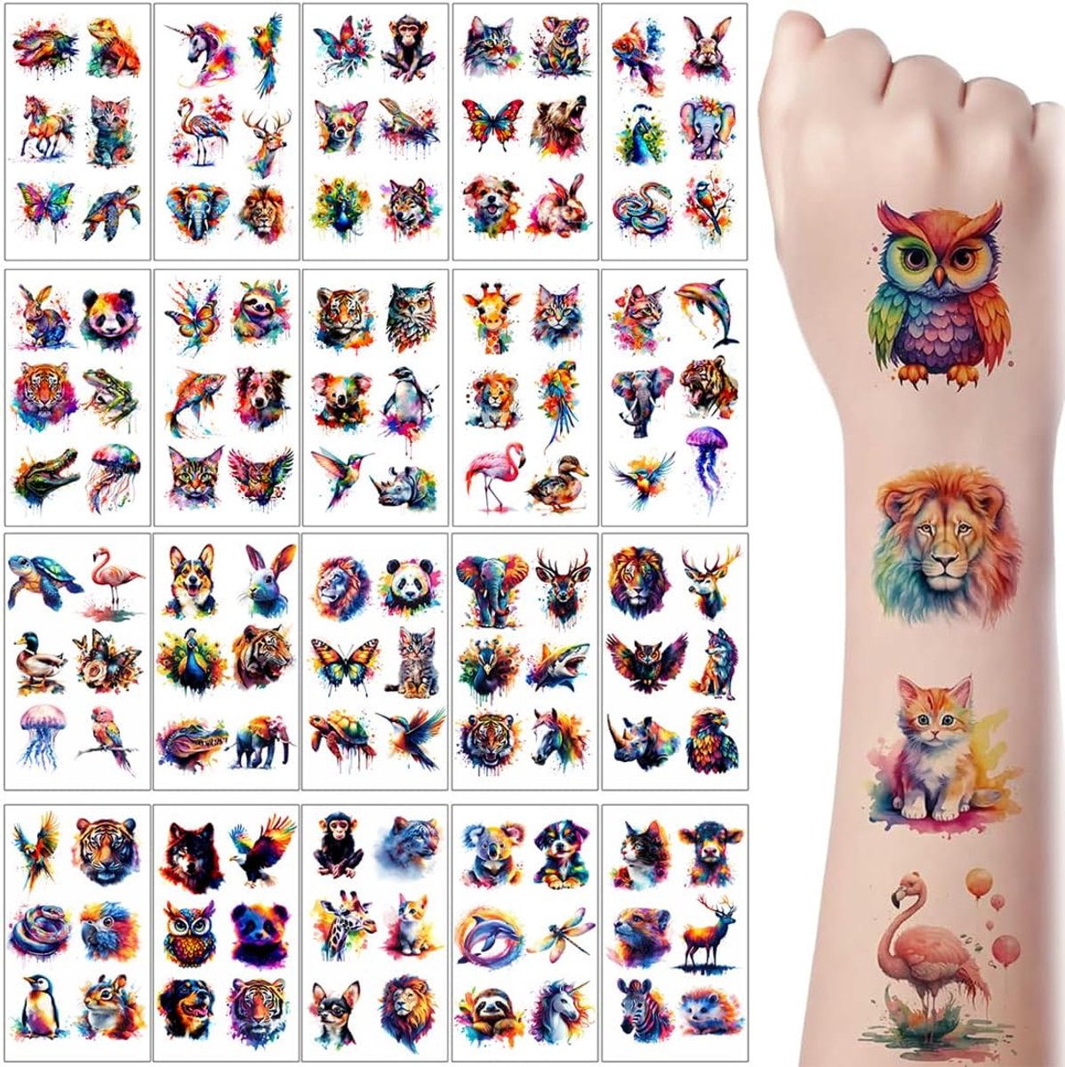 20 vellen 120 stuks aquarel kleurrijke dieren tijdelijke tatoeages kinderen meisjes jongens zelfklevende tatoeages om op te plakken, nep tatoeagestickers, lichaam, gezicht, festival, feest, cadeau