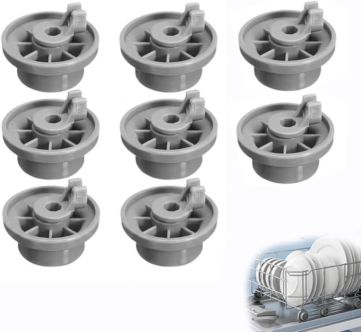 Set van 8 vaatwasserwielen, onderkorf, reserveonderdelen, vaatwassermandwielen, geleidingswielen, vervanging voor onderste afwasmand, vaatwasser, reservewielen, compatibel met Bosch, Siemens, Neff