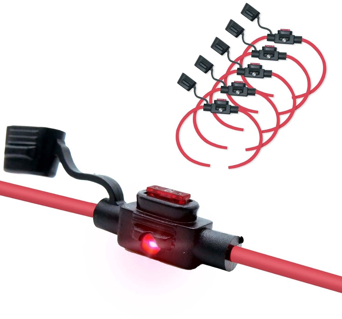 In-line waterdichte zekeringhouder IP67 voor Laag Profiel zekeringen, 12V-32V DC, tot 30A, 12 AWG kabel – Zwart – Ideaal voor auto, boot, motor, camper en zonnestroomsystemen – Set van 5