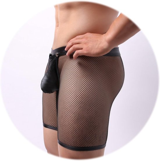 Men's See Through Sexy Mesh With Faux Leather Loose Shorts Pants Erotic Clubwear Button Removable Pouch(A4-50Hei,XL) — afbeelding 3