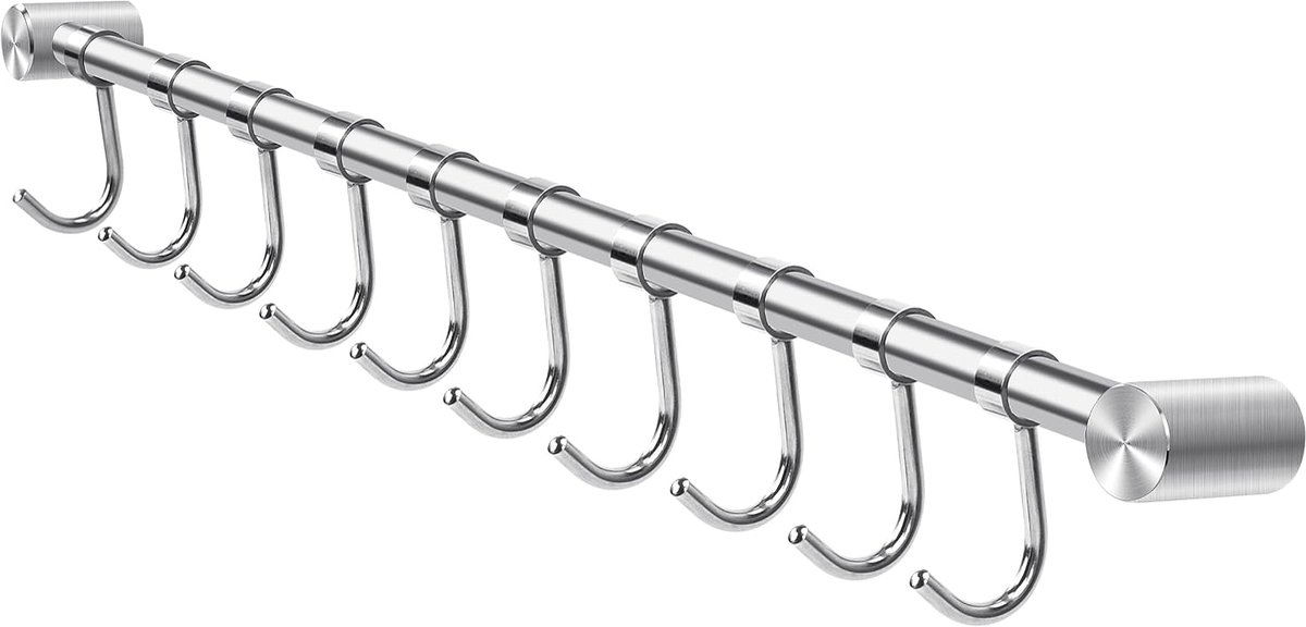 Keukenhangstang van roestvrij staal, 53 cm, wandstang, keuken, houder om op te hangen, rek met 10 afneembare haken, voor badkamer, slaapkamer, kantoor