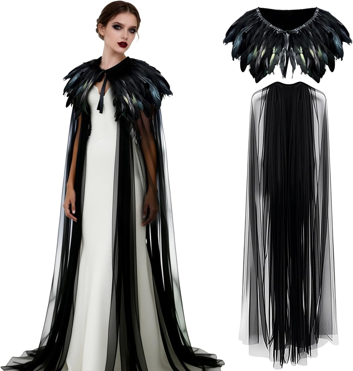 Zwarte verencape met lange tule, schouders, veren, dames, voor Halloween, carnaval, cosplay, maskerade