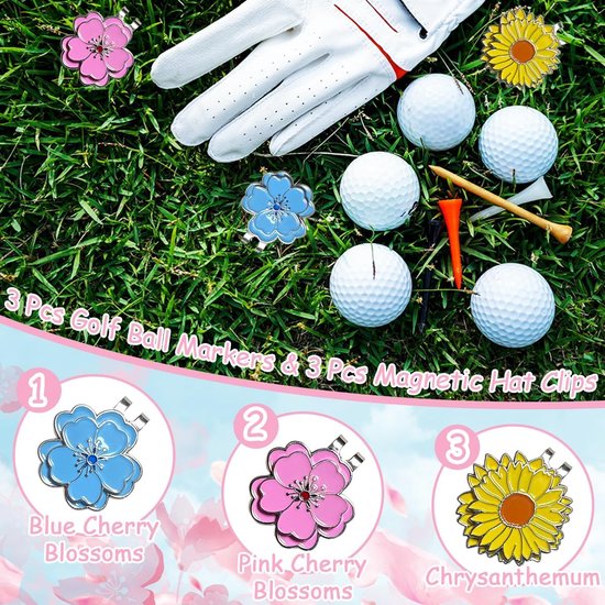 3-delig bloem golfbalmarkeringsset met magnetische hoepelclips, golfgereedschap accessoires, balmarkers passen in golf divot tools, hoedzakje, waardevol cadeauset voor mannen, vrouwen en dames — afbeelding 3