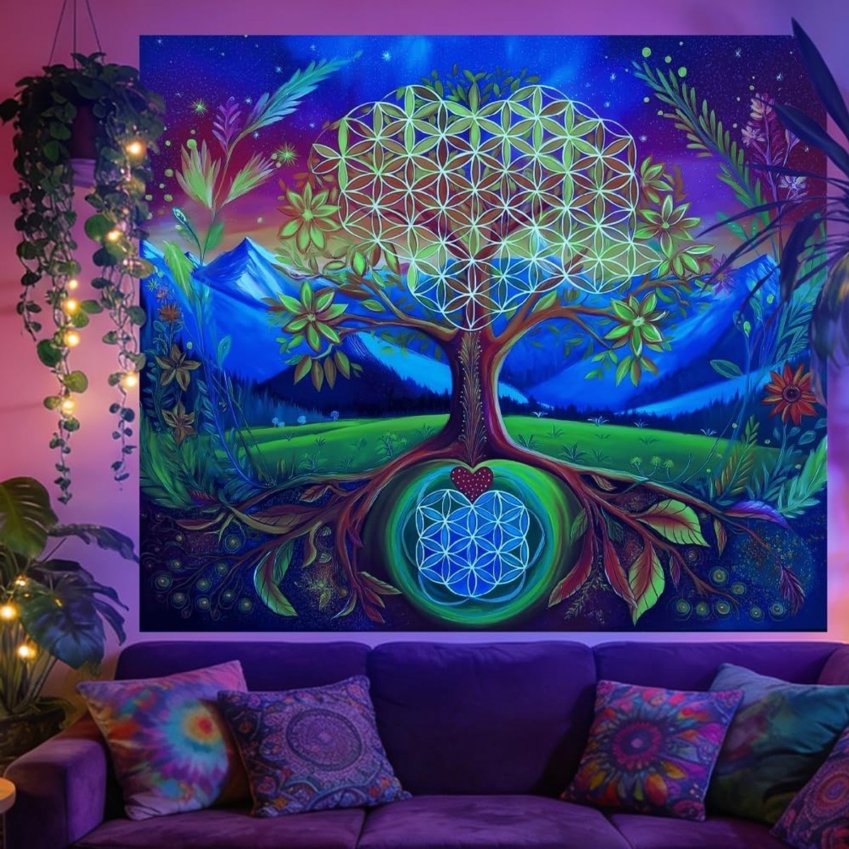 Boom des Levens Zwart Licht Wandtapijt - Heilige Wortels UV Reactief Wanddecoratie voor Slaapkamer, Woonkamer en Studentenruimte