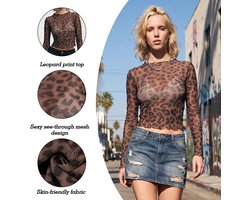 Meshtop Met Luipaardenprint, Sexy Netshirt, Transparant Topje In Y2K-Stijl Voor Feesten En Uitgaan, Blouse Met Doorschijnende Look, Festivalen Ravekleding Voor Dames, Leotop