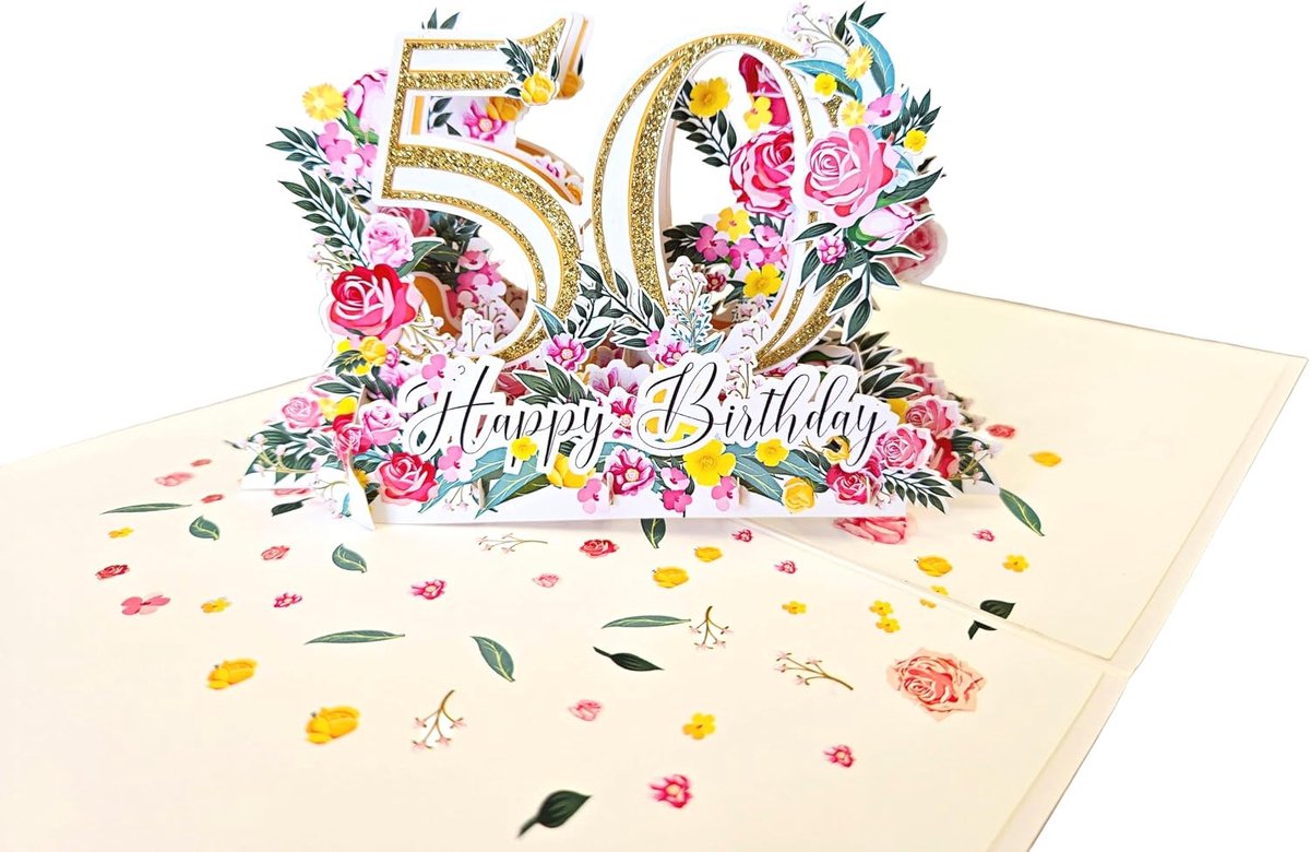 3D pop-up verjaardagskaart voor de 50e verjaardag, bloemenmotief met gouden glitter, Happy Birthday, met witte envelop