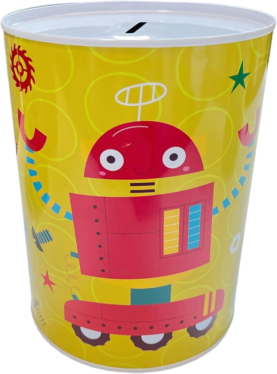 Spaarpot voor kinderen, grote spaarpot voor kinderen, XXL, gele robot, 16 x 12 cm
