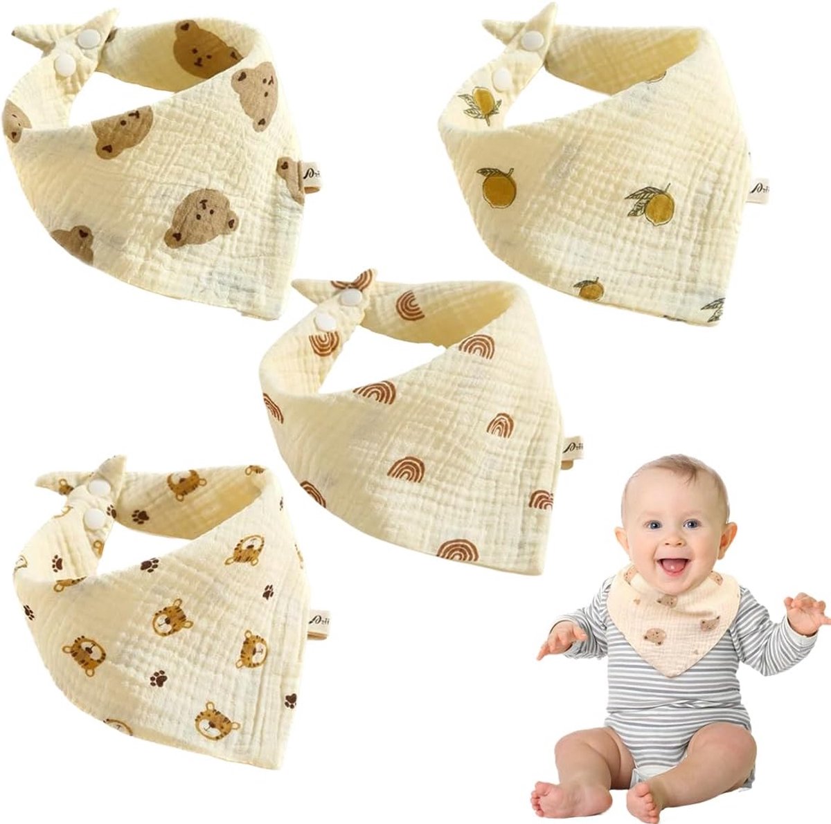 4 stuks babyslabbetjes, zachte en absorberende mousseline-slabbetjes, spuugdoeken met drukknopen voor baby's en peuters.