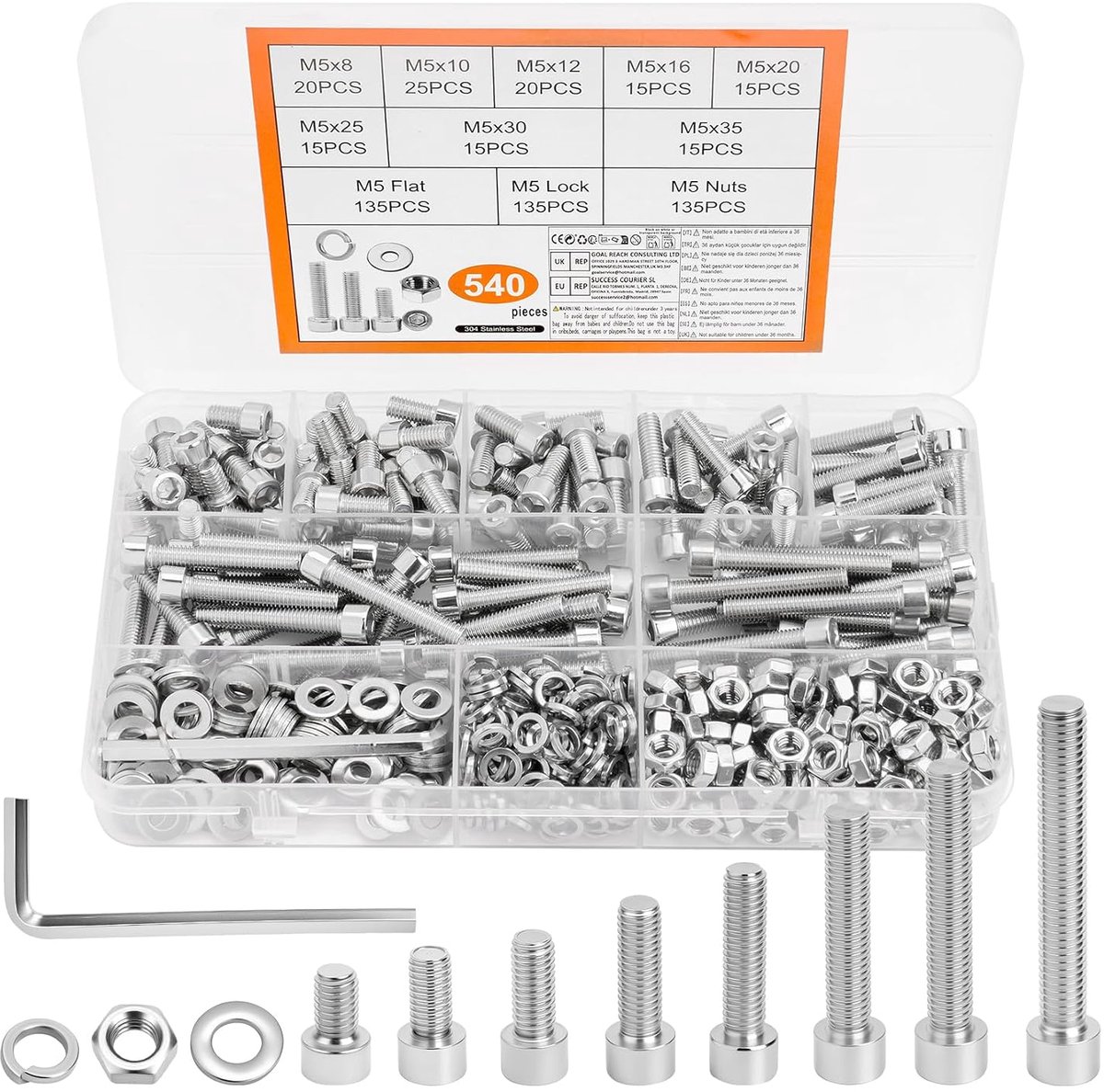 540 stuks M5 schroevenset, cilinderkopschroeven, moersets, binnenzeskantschroeven met moeren, zwarte cilinderschroeven, set met sluitringen, schroefdraadschroeven, machineschroeven, assortiment