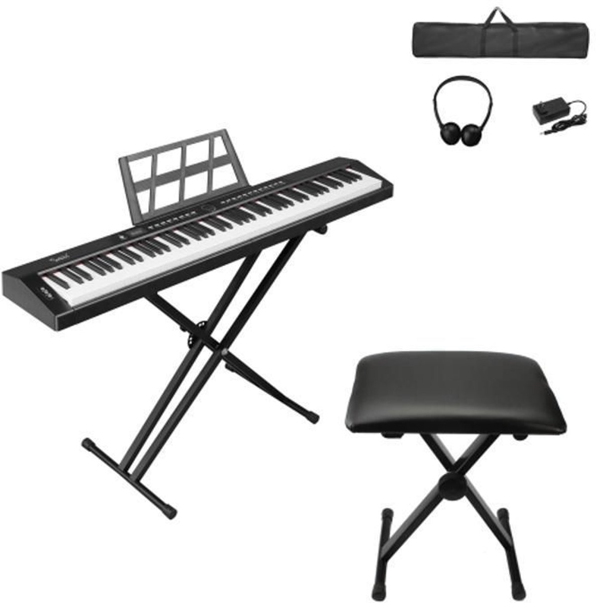 Piano pakket- 88 toetsen piano met standaard, bank, hoofdtelefoon, 420D tas, voor pianoliefhebbers - Zwart