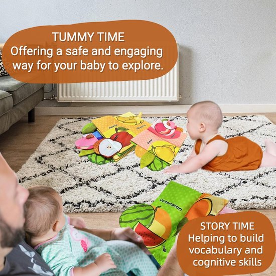 Babyboekjes, zachte stoffen speeltjes geschikt voor baby's van 0-6 tot 12 maanden, geschikt als buikligspeelgoed voor baby's van 0-3-4-5-6-9-12 maanden, tactiele sensorische boekjes met ritselende geluiden, geschikt om in de kinderwagen te plaatsen. — afbeelding 3