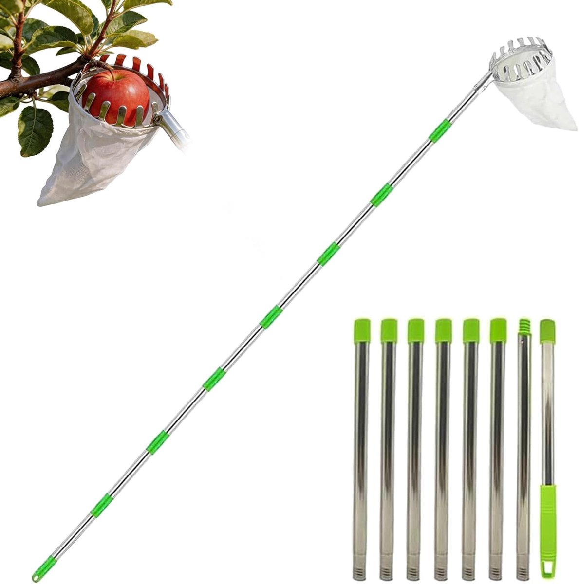 Fruitplukker met telescoopsteel, 3,2 m, diameter 16 cm, appelplukker, kersenplukker met katoenen zak en roestvrijstalen stang, fruitverzamelaar, plukhulp voor peren, citrus, pruimen