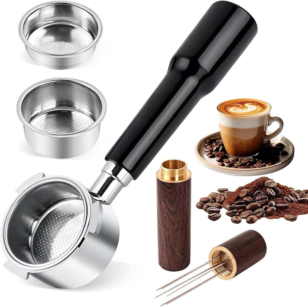 Zonder bodem, 51 mm, 3 oren, compatibel met DeLonghi Dedica EC680/EC685/EC885, espressofilterhouder met ABS-handgreep, inclusief 2 roestvrijstalen manden en WDT roerwerk met 6 naalden