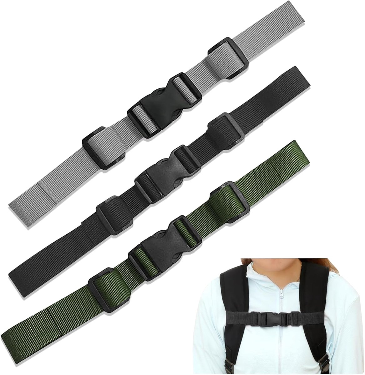 3 stuks verstelbare borstriem, 2,5 cm, universele rugzak, borstband met snelsluiting, voor joggen, wandelen, reizen, klimmen, zwart, groen, grijs