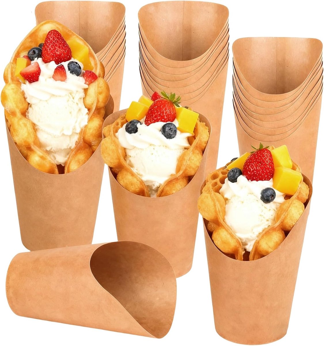 Wafelijzerzakjes, 50 stuks kraftpapieren bekers, frietzakken, 350 ml, frietbekers, snackzakken, papieren bekers met schuine mond voor alle soorten feestjes (bruin)