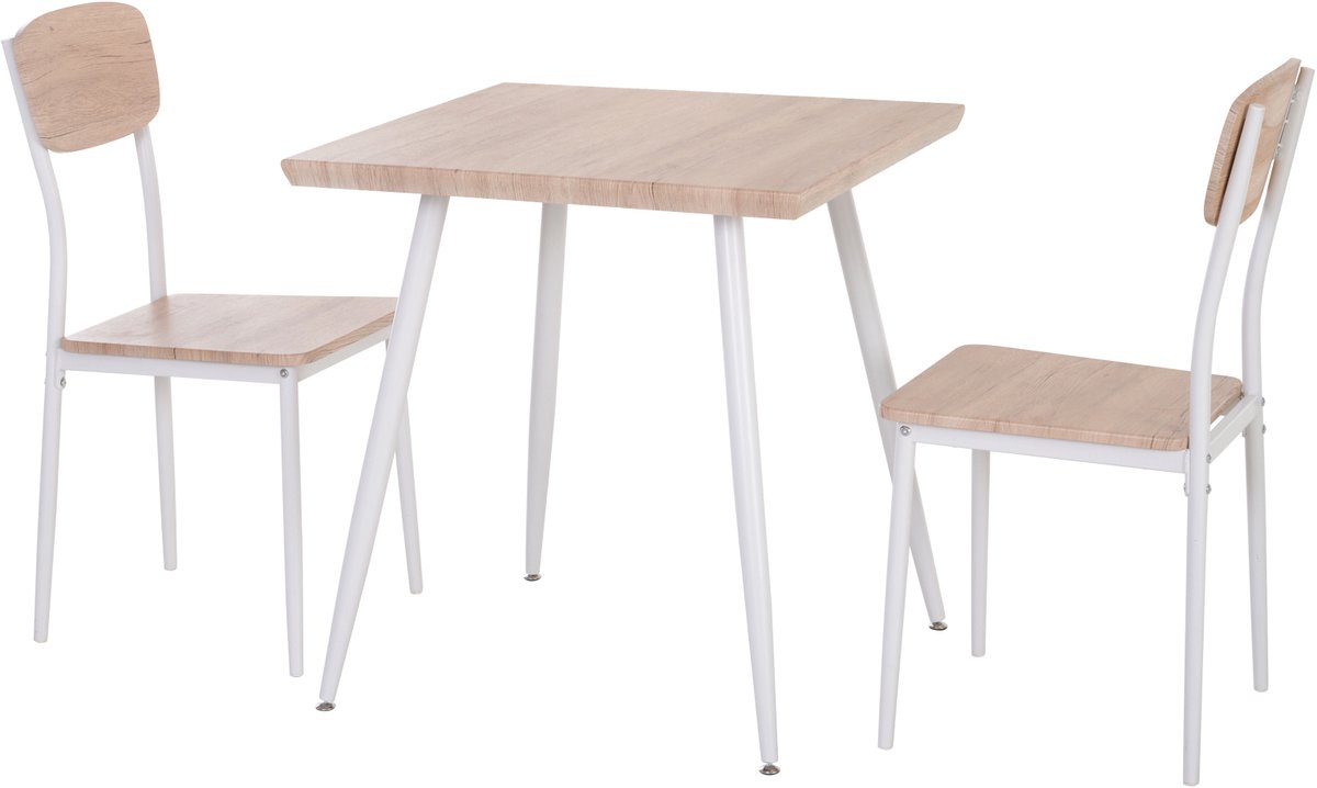 3-delige eethoek-eettafel met 2 stoelen-eetkamerset met metalen frame-zitgroep voor eetkamer-keuken-naturel en wit