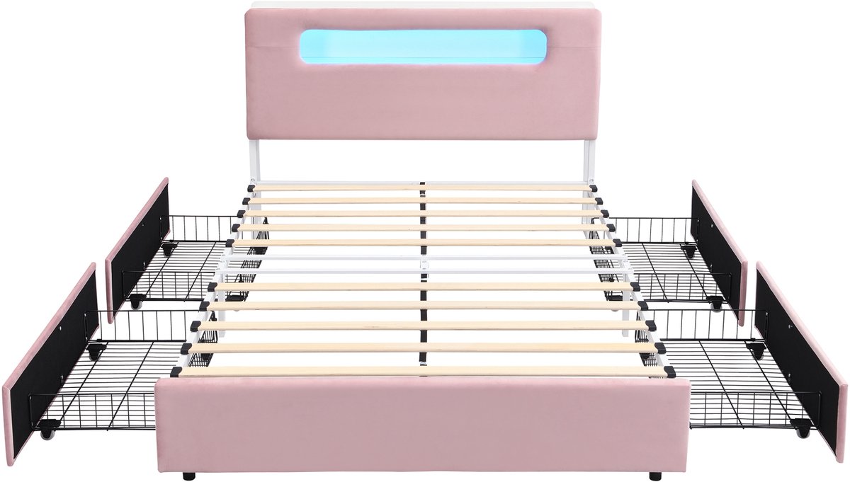 MODENUIT Kinderbed – 140 x 200 cm – Met Vier Lades en Ledverlichting – Stoffen Bekleding – Roze – Met Opbergruimte