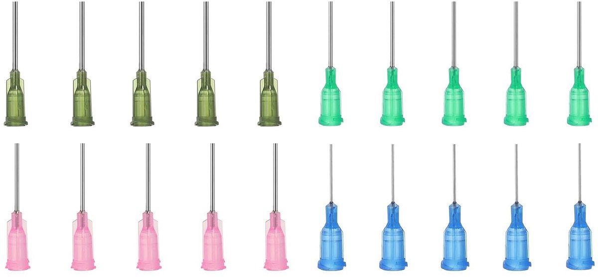 Doseernaalden met stomp punt, 3,5 cm, 20 stuks, 4 verschillende kalibers, industriële vloeistofdispensernaald met luer-lock voor het vullen van vloeibare inkt