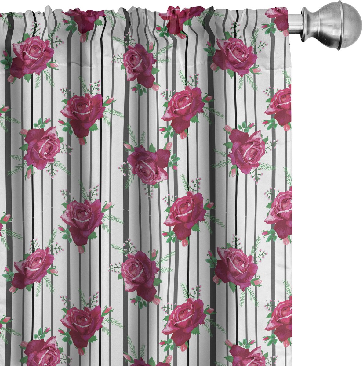 ABAKUHAUS Rozen Raamgordijnen, Boeket met Knoppen op Strepen, Lichtgewicht decoratieve 2-delige set met roedezak, 2 stuks 75 cm B x 245 cm L, Meerkleurig