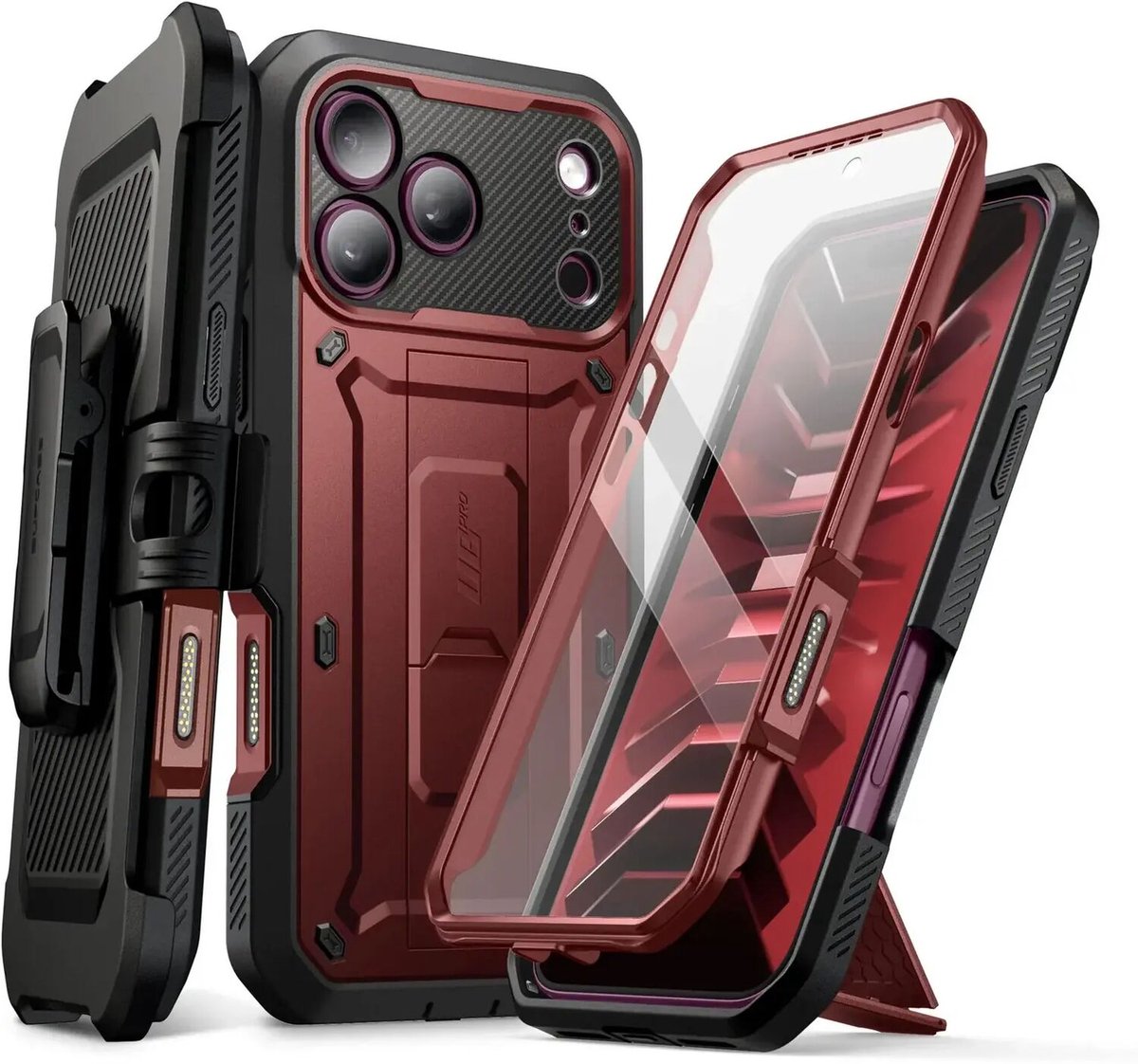 SUPCASE Hoesje Geschikt voor Apple iPhone 18 Pro / 17 Pro - Unicorn Beetle Pro Case met Ingebouwde Screenprotector - Beschermhoes met Holster en Kickstand Burgundy