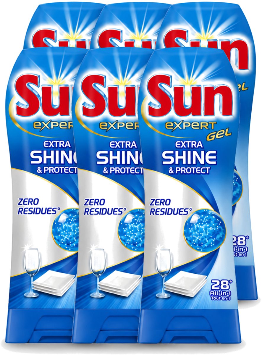 6 x Sun Expert Gel - Extra Shine & Protect - All-in-1 - Vaatwasmiddel Gel - 28 Wasbeurten - Voordeelverpakking - 6 stuks