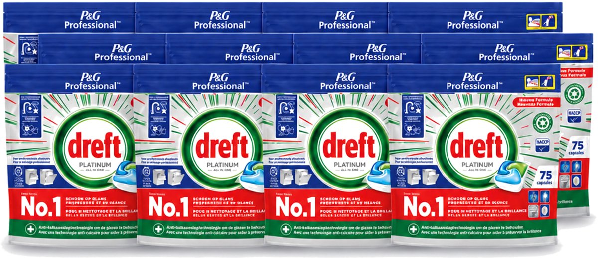 12 x Dreft Professional - Platinum - All In One - Vaatwascapsules - 75 Afwasbeurten - Voordeelverpakking - 12 stuks