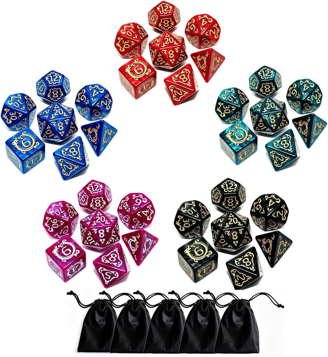 SnelShoppen - Polyhedral DND Dobbelstenen Set 5-Pack - Vintage Drakenpatroon - D4 D6 D8 D10 D% D12 D20 - 35 Stuks in 5 Kleuren - Perfect voor Dungeons