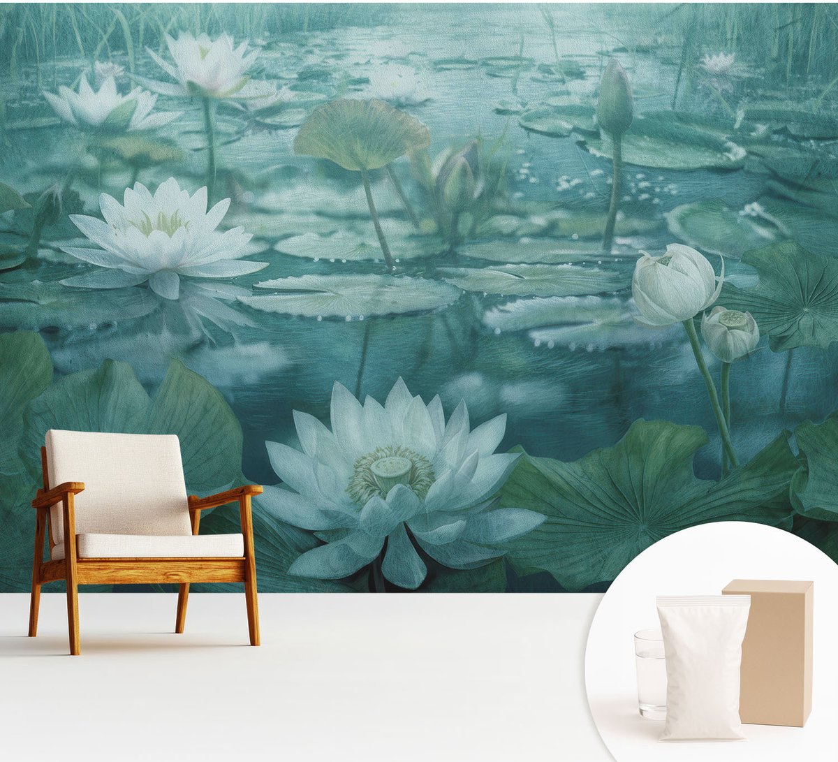 Wallfluent Fotobehang - Zwart-Wit Vliesbehang - 312x219 cm - Waterbloemen Fotobehang Vlies - Hal behang Bloemen En Planten - Muurschildering - Woonkamer behang
