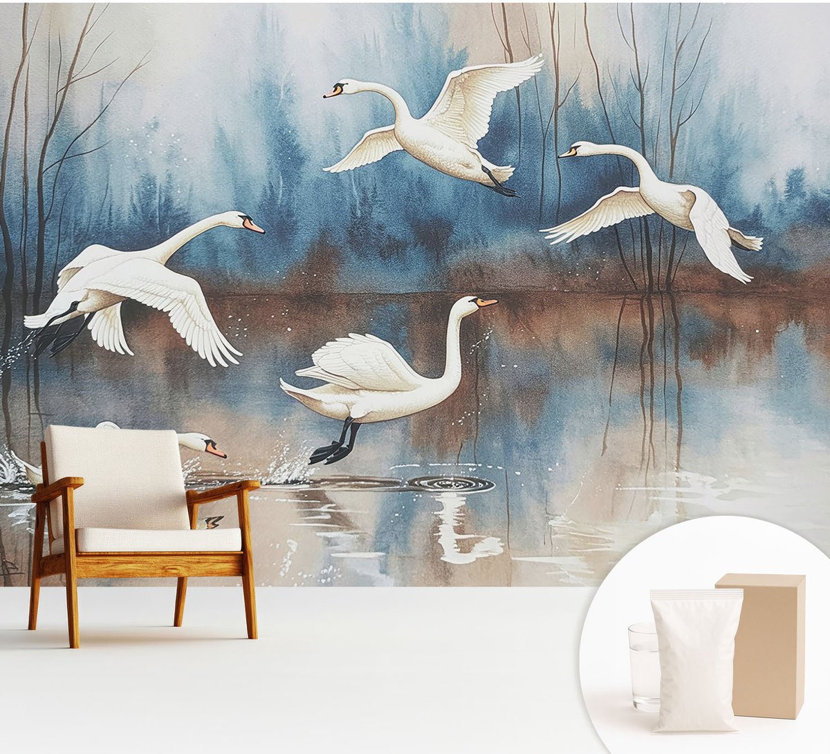Wallfluent Fotobehang - Wit Vliesbehang - 312x219 cm - Vogels In Vlucht Fotobehang Vlies - Hal behang Dieren - Muurschildering - Hal behang