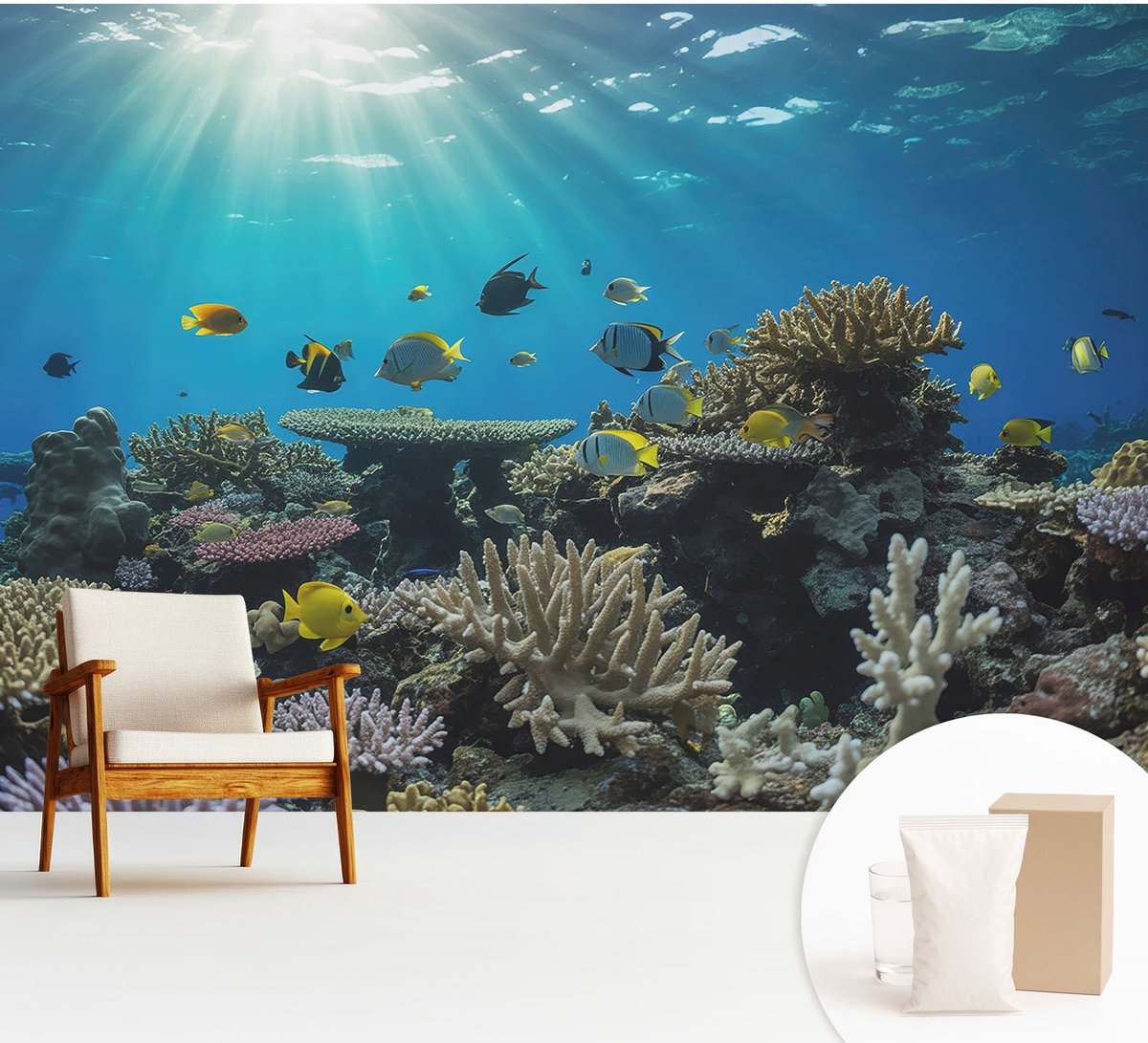 Wallfluent Fotobehang - Blauw Vliesbehang - 312x219 cm - Onderwaterwereld Muurschildering - Slaapkamer behang Dieren - Fotobehang Vlies - Slaapkamer behang