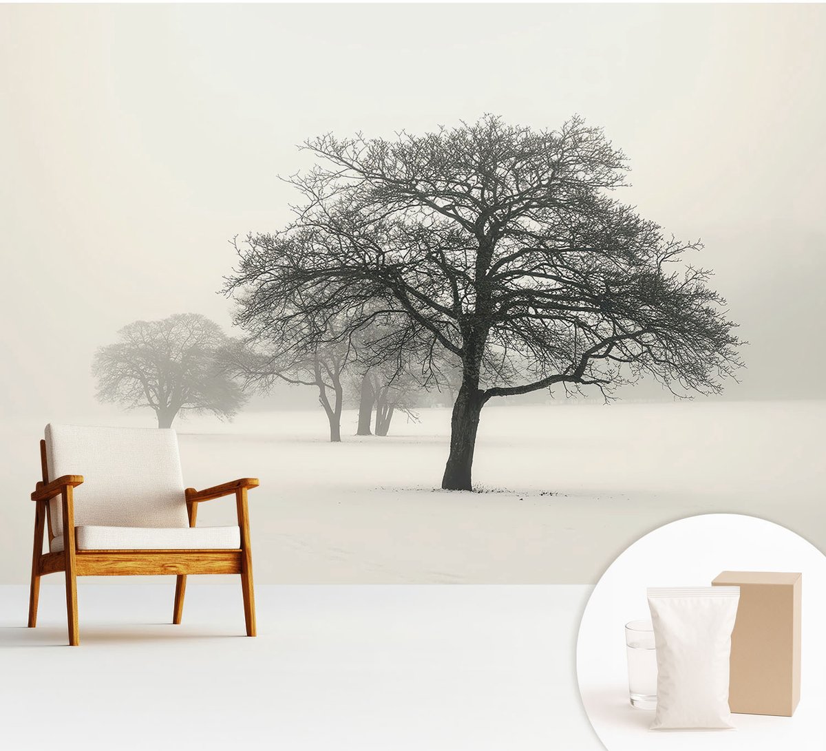 Wallfluent Fotobehang - Wit Vliesbehang - 312x219 cm - Winterbomen Fotobehang Vlies - Woonkamer behang Landschappen - Muurschildering - Woonkamer behang