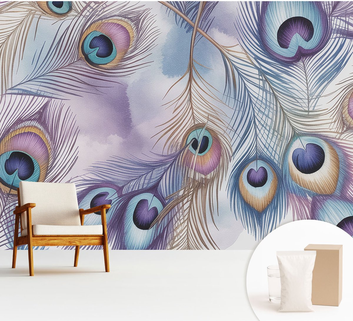 Wallfluent Fotobehang - Paars Vliesbehang - 312x219 cm - Pauwenveren Fotobehang Vlies - Hal behang Abstractie - Muurschildering - Woonkamer behang