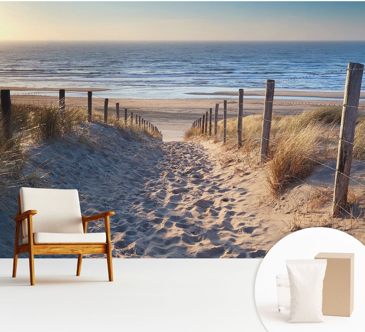Wallfluent Fotobehang - Wit Vliesbehang - 312x219 cm - Strandpad Fotobehang Vlies - Woonkamer behang Landschappen - Muurschildering - Woonkamer behang