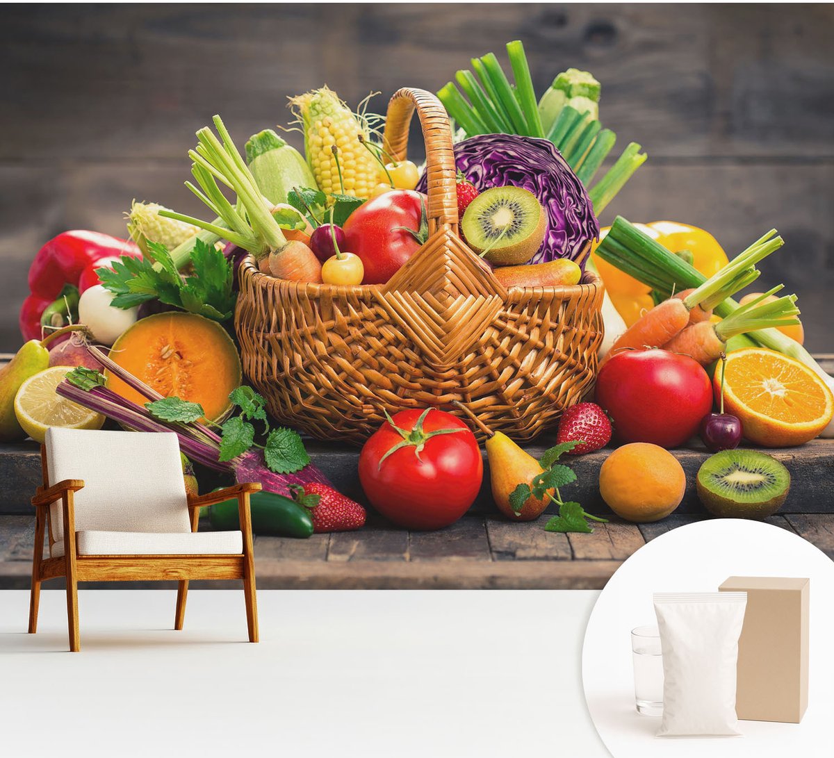Wallfluent Fotobehang - Groente Vliesbehang - 312x219 cm - Fruitige Rijkdom Muurschildering - Slaapkamer behang Voedsel - Fotobehang Vlies - Slaapkamer behang